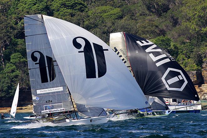 Thurlow Fisher Lawyers and Ilve side by side at top speed on the run into Rose Bay - 18ft Skiffs: Queen of the Harbour & Alice Burton Memorial Trophy 2017 © 18footers.com